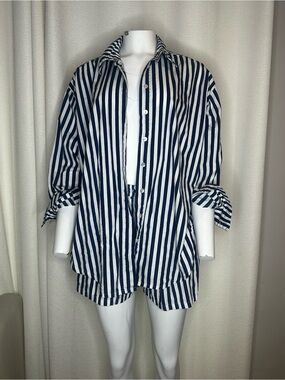 Navy & White Vertical Stripe Button-Up Shirt and Short set